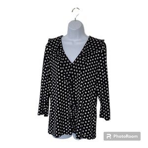 COPY - NWOT💃🏼 Calvin Klein ¾ Sleeve Ruffle Front Black & White Polka Dot Top
